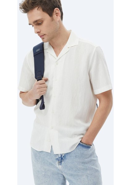 Ekru Regular Fit Dokuma Klasik Keten Karışımlı Gömlek