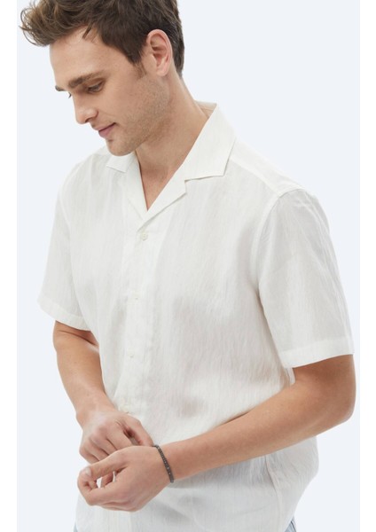 Ekru Regular Fit Dokuma Klasik Keten Karışımlı Gömlek