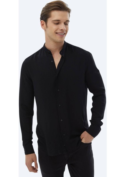 Siyah Düz Regular Fit Dokuma Klasik Gömlek