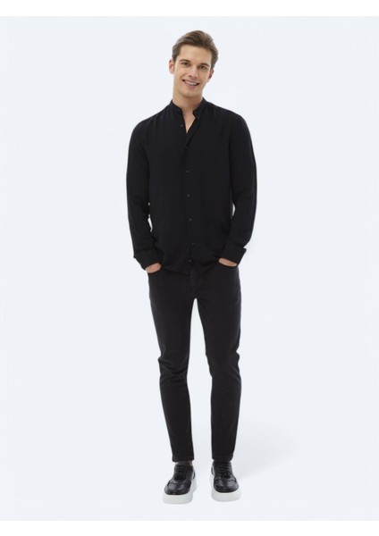 Siyah Düz Regular Fit Dokuma Klasik Gömlek