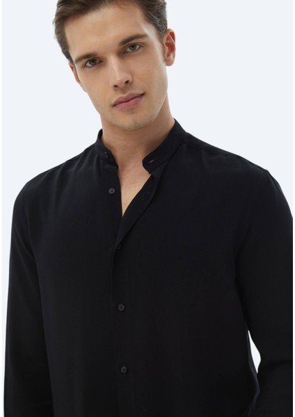 Siyah Düz Regular Fit Dokuma Klasik Gömlek