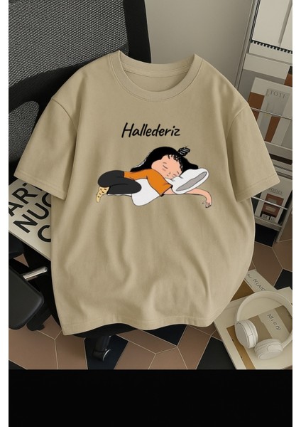 Hallederiz Baskılı Unisex Bisiklet Yaka Pamuk Oversize Boyfriend T-Shirt