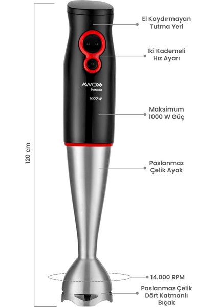 3'lü Blender Seti, 1000W, Çıkabilir Çelik Uç, Dayanıklı ve Şık Tasarım modelleri