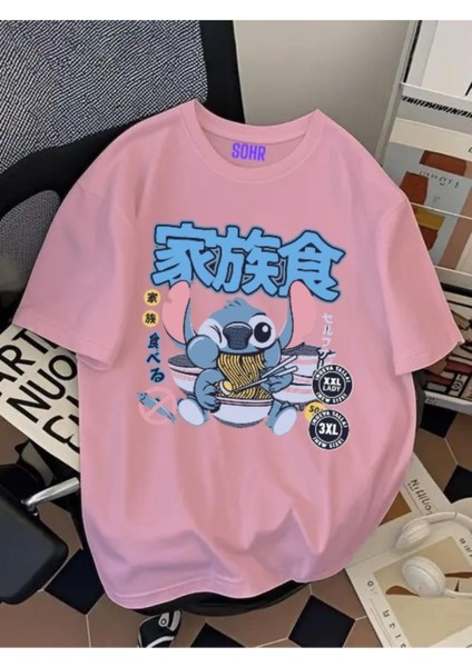 Unisex Erkek/kadın Stitch Ramen Renkli Baskılı Oversize Pamuklu T-Shirt