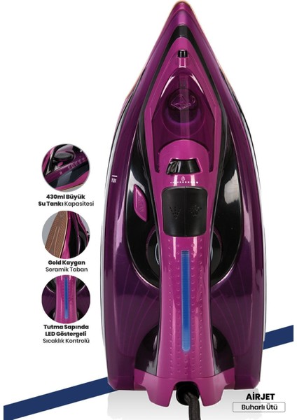 2400W Seramik Tabanlı Geniş Su Tanklı Buharlı Ütü, 170 gr Etkili Şok Özelliği