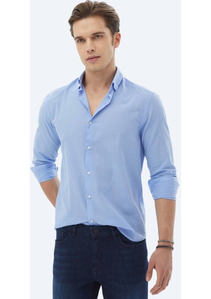 Mavi Düz Regular Fit Dokuma Casual %100 Pamuk Gömlek