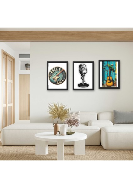 3'lü Rock Müzik Temalı Dekoratif Ahşap Çerçeve Seti - Gitar Mikrofon Poster Tablo 15X20
