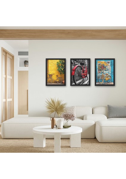 3'lü Set Pop Art Bisiklet Temalı Renkli Ahşap Tablo Retro Sokak Sanatı Duvar Dekoru Sarı Kırmızı