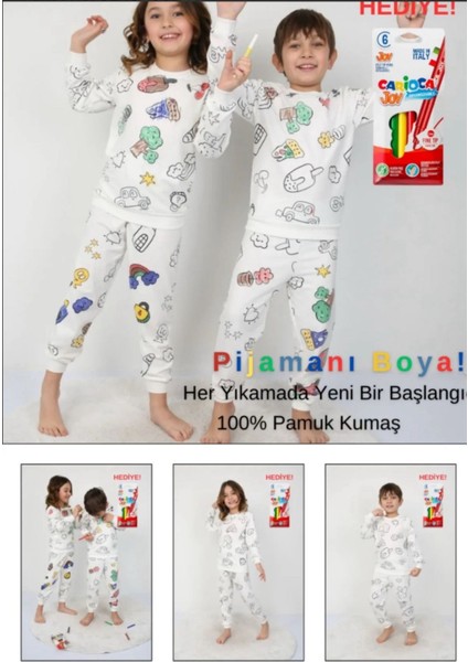 %100 Pamuk Uzun Kol + Özel Boyama Kalemi Seti Hediyeli Boyanabilir Kız ve Erkek Cocuk Pijama Takımı