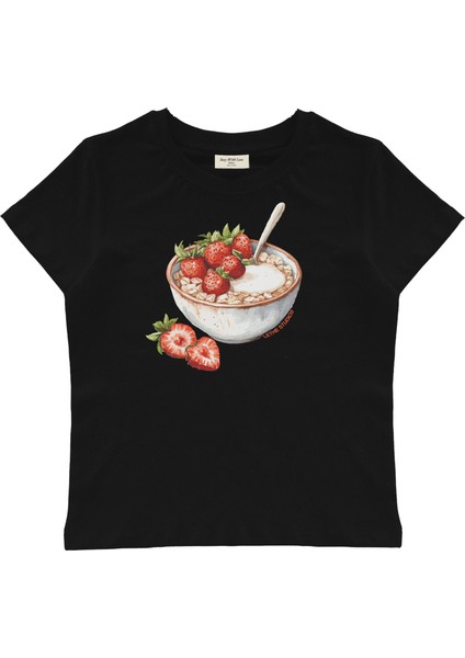 Strawberry Oats Baskılı Baby Tee Crop Top