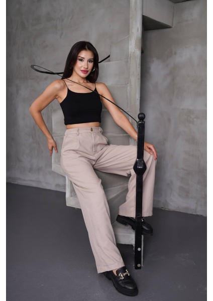 Kadın Bol Kesim Beli Lastikli Yüksek Bel Düğmeli Günlük Cepli Pantolon Geniş Paça modelleri