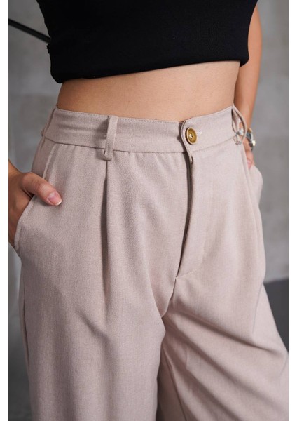 Kadın Bol Kesim Beli Lastikli Yüksek Bel Düğmeli Günlük Cepli Pantolon Geniş Paça