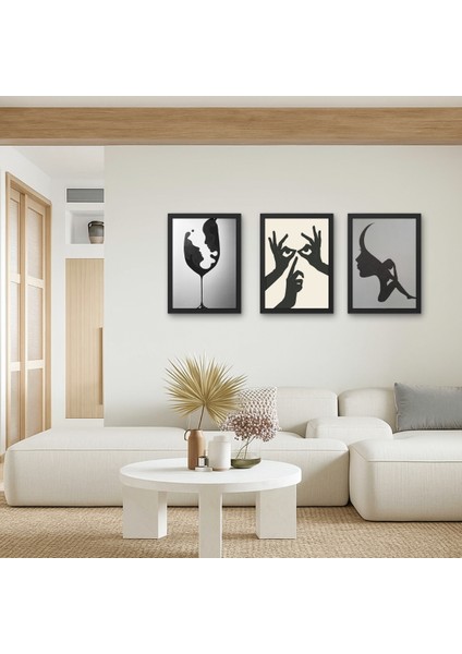 3'lü Set Soyut Sanat Silüet Ahşap Tablo | Minimalist Beden Dili Duvar Dekoru Siyah Beyaz