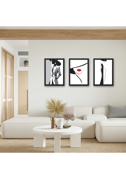 Siyah Beyaz Kadın Portreleri 3'lü Ahşap Tablo Seti | Dekoratif Duvar Resimleri 15X20 cm