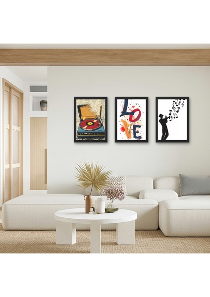 3'lü Set Pikap Müzik Temalı Retro Ahşap Tablo Love Yazılı Renkli Duvar Dekoru Genç Odası Salon
