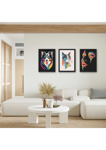 3'lü Set Pop Art Köpek Kedi Kadın Temalı Ahşap Tablo Renkli Duvar Dekoru Modern Genç Odası