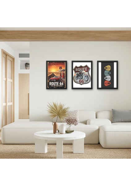 3'lü Set Route 66 Pikap Motor Temalı Retro Ahşap Tablo Erkek Odası Duvar Dekoru Vintage Pano