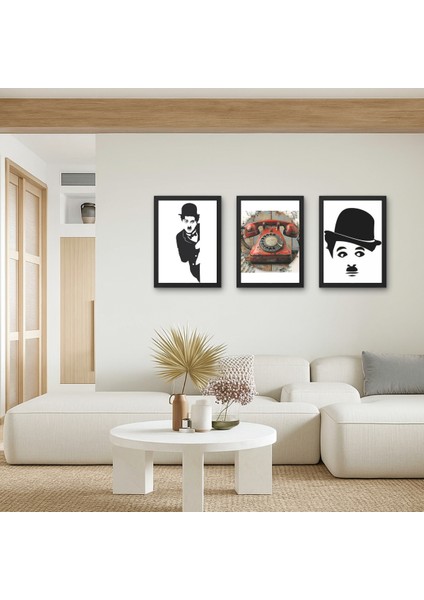 3'lü Set Charlie Chaplin Retro Telefon Ahşap Tablo Siyah Beyaz Duvar Dekoru Ikonik Vintage