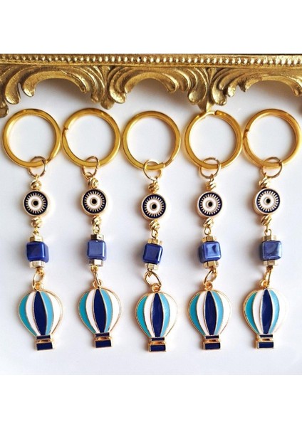 Hediyelik 5'li Nazar Boncuklu Özgürlük Simgesi Balon Detaylı Lacivert Anahtarlık 10,5 cm