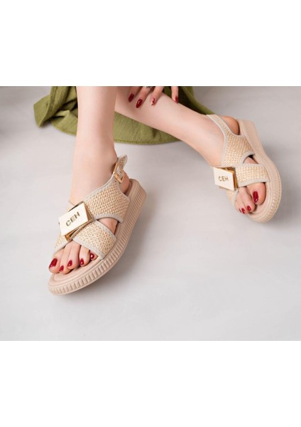 Hasır Kemerli Ortopedik Sandalet Cilt Bej Topuk Boyu 2 cm modelleri