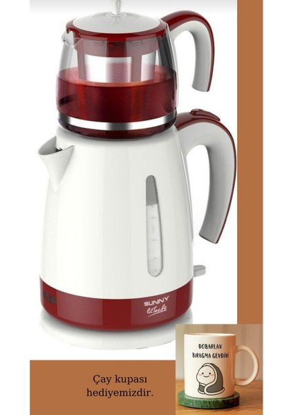 Kırmızı Elektrikli 1500 W Cam Üstü Çay ve Su Isıtıcı Seti