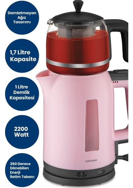 Papatya Pembe 2200W Cam Demlikli Çay ve Su Isıtıcı, Şık ve Kullanışlı Ev Aleti fiyatları