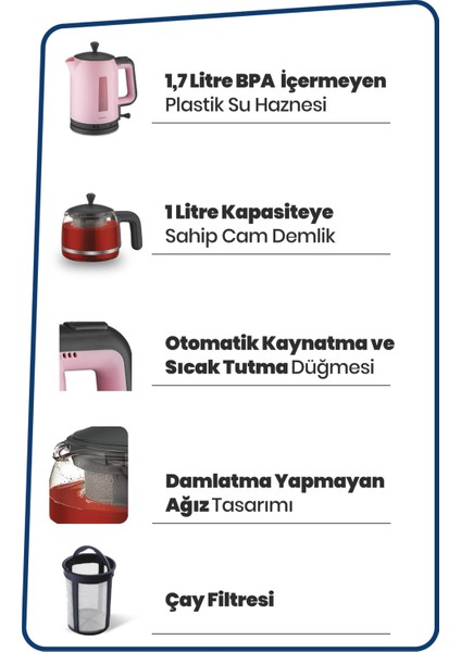 Papatya Pembe 2200W Cam Demlikli Çay ve Su Isıtıcı, Şık ve Kullanışlı Ev Aleti