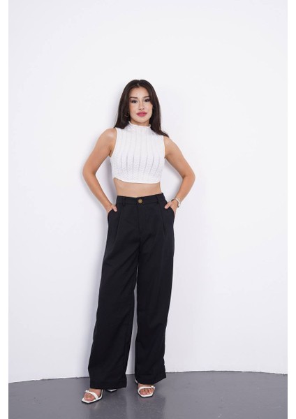 Kadın Bol Kesim Beli Lastikli Yüksek Bel Düğmeli Günlük Cepli Pantolon Geniş Paça