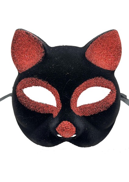 Siyah Renk Kırmızı Simli Süet Kaplama Kedi Maskesi 18X14 cm - Lisinya
