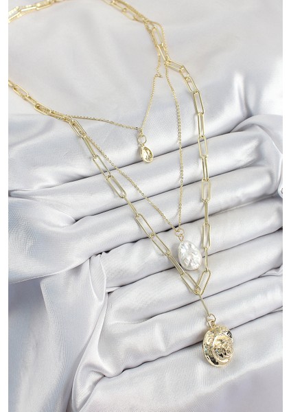 Pirinç Çoklu Zincirli Incili Deniz Kabuğu Model Gold Renk Kadın Kolye - Lisinya modelleri