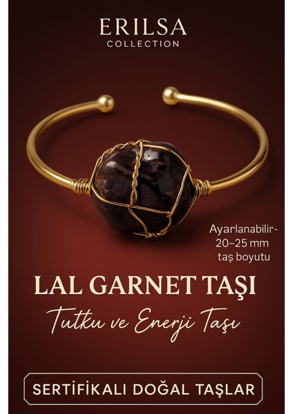 Sertifikalı Doğal Lal Garnet Taşı Ayarlanabilir 24K Altın Kaplama Bileklik 20-25 mm
