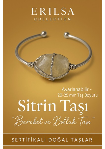Sertifikalı Doğal Sitrin Taşı Gümüş Kaplama Ayarlanabilir Bileklik – Bereket ve Bolluk Taşı