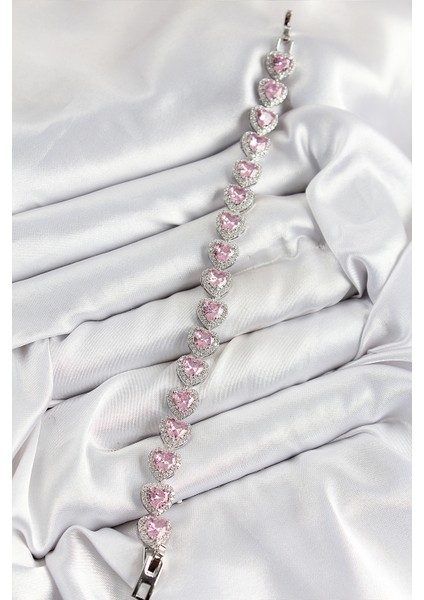 Pirinç Zirkon Taşlı Pembe Kalp Baget Model Gümüş Renk Vıp Seri Kadın Bileklik - Lisinya fiyatları