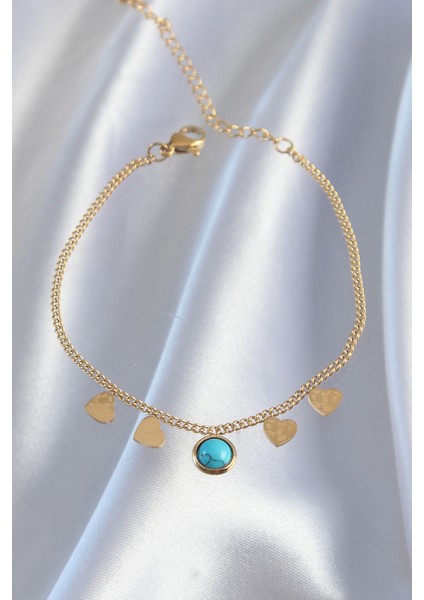 316L Çelik Gold Renk Minimal Kalpli Mavi Taş Detaylı Bileklik - Lisinya fiyatları