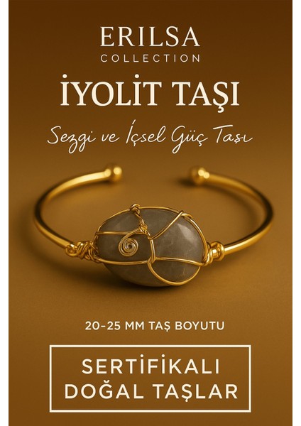 Sertifikalı Doğal Iyolit Taşı Ayarlanabilir 24K Altın Kaplama Bileklik 20-25 mm