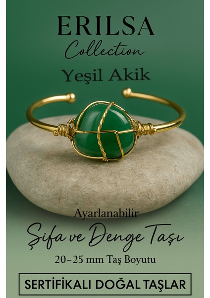 Sertifikalı Doğal Yeşil Akik Taşı Ayarlanabilir 24K Altın Kaplama Bileklik 20-25 mm