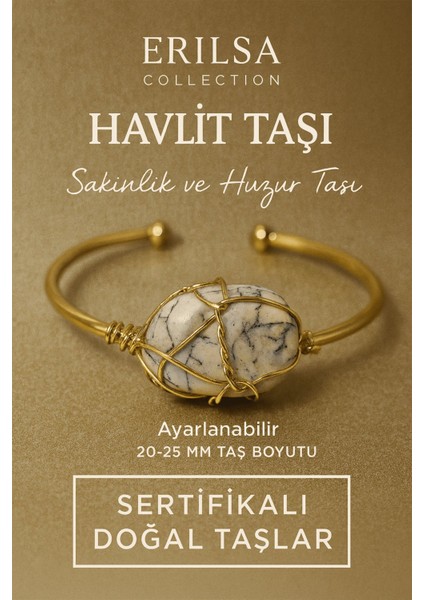 Sertifikalı Doğal Havlit Taşı Ayarlanabilir 24K Altın Kaplama Bileklik 20-25 mm