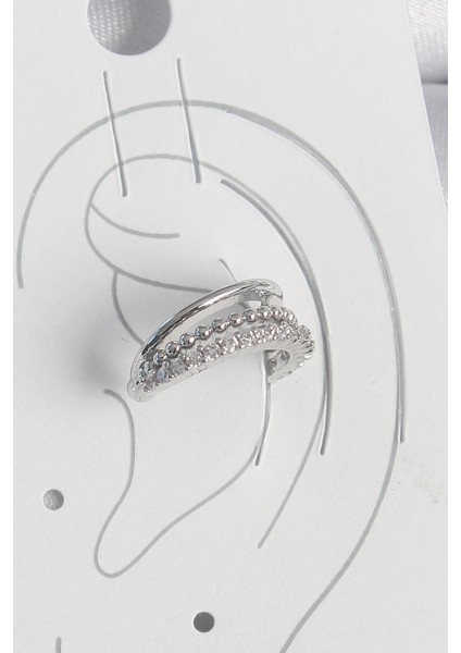 Pirinç Gümüş Renk Zirkon Taşlı 3'lü Sıralı Kadın Kıkırdak Küpe - Lisinya