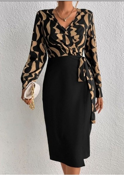 Eyesof Kadın Uzun Kollu Kruvaze Yaka Dijital Baskılı Fiyonk Detay Atlas Kumaş Elbise modelleri