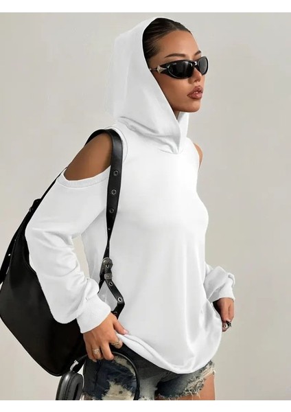 Kadın Uzun Kollu Kapşonlu Omuzlardan Açık Viskon Iki Iplik Bluz modelleri