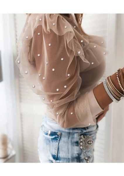 Kadın Uzun Kollu Inci Detaylı Tüllü Viskon Bluz fiyatları