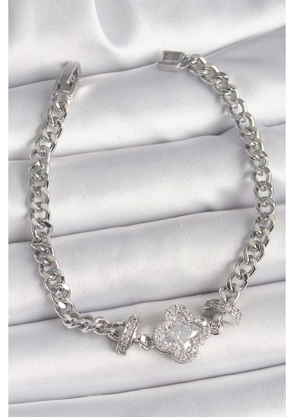 Pirinç Gümüş Renk Zirkon Taşlı Yonca Figür Zincir Model Kadın Bileklik - Lisinya