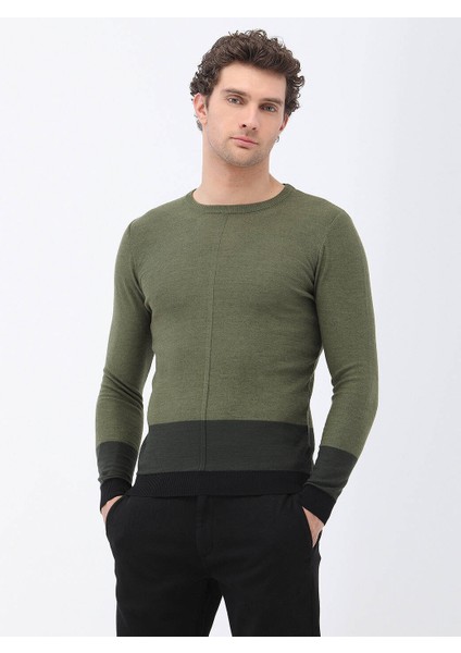 Açık Haki Bisiklet Yaka Yün Karışımlı Triko Kazak