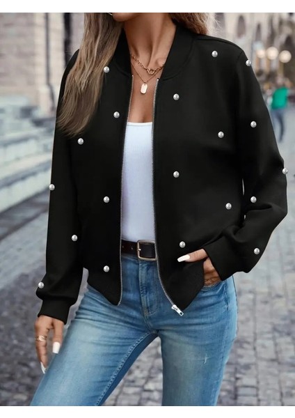 Kadın Uzun Kollu Önden Fermuarlı Incili Kısa Modal Ceket modelleri