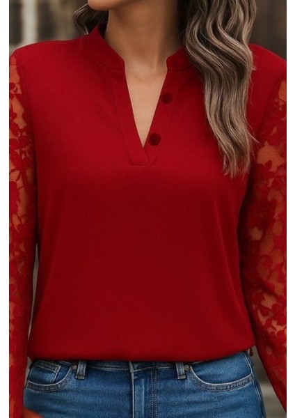 Aknbutik Kadın Uzun Kollu Yaka Düğme Detay Güpürlü Kol Krep Bluz fiyatları