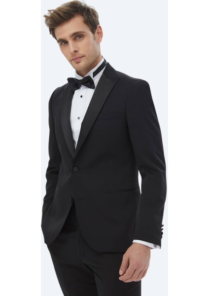 Siyah Düz Slim Fit Çıkarılabilir Kruvaze Yaka Dokuma Smokin Takım Elbise