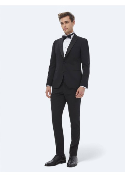 Siyah Düz Slim Fit Çıkarılabilir Kruvaze Yaka Dokuma Smokin Takım Elbise