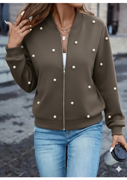 Kadın Uzun Kollu Önden Fermuarlı Incili Kısa Modal Ceket fırsatları