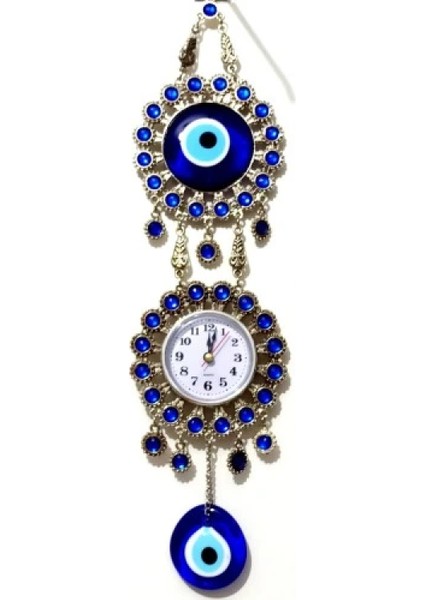 Nikel Zamak Kaplamalı Nazar Boncuklu Gümüş Rengi Mini Duvar Saati