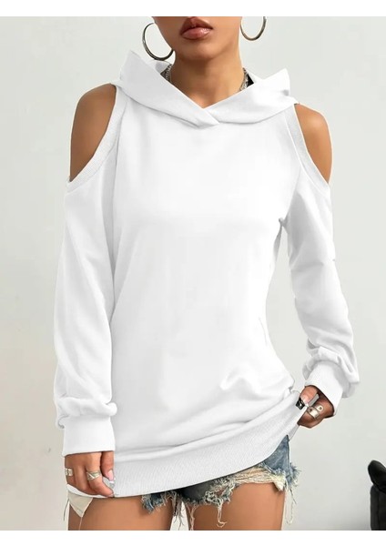 Kadın Uzun Kollu Kapşonlu Omuzlardan Açık Viskon Iki Iplik Bluz